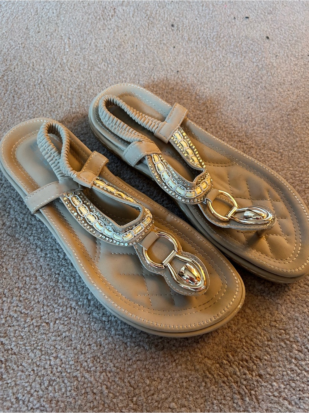 Women's Beige Embellished Thong Sandals - Quilted Comfort